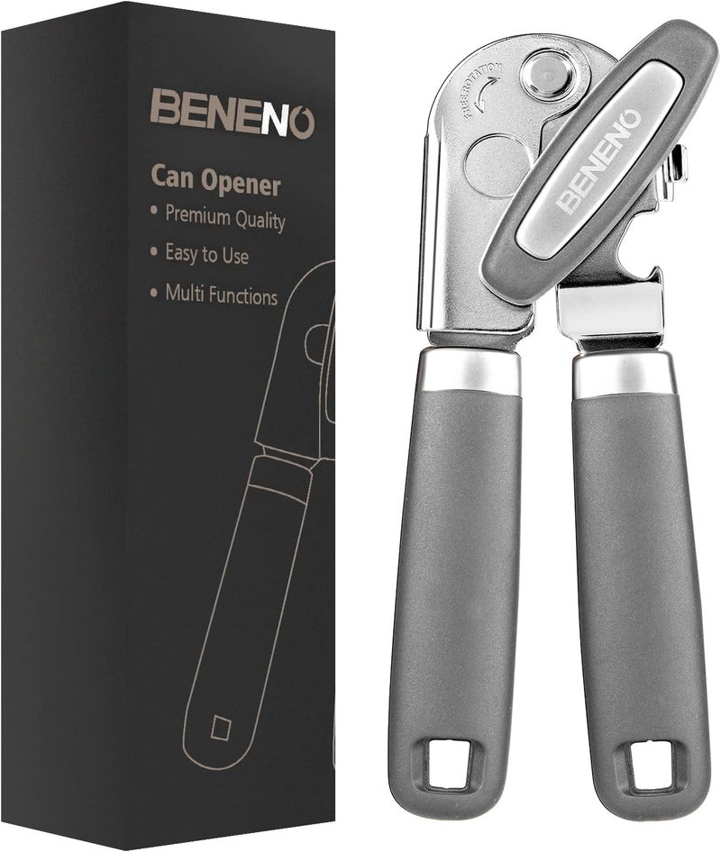 Beneno Heavy Duty Hand Can Opener Manual with Magnet, Durable Sharp Carbon Steel Blade Smooth Cutting, Big Effort-Saving Knob & Soft Grip Handle, Multifunctional Kitchen Tool with Bottle Opener, Gray - Image 1